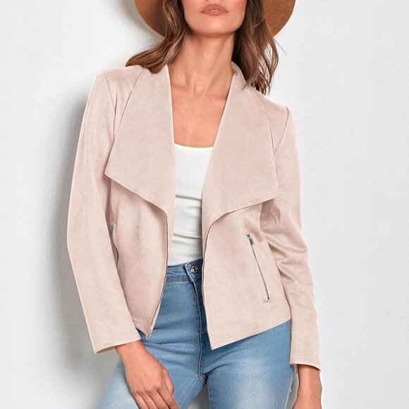 New Women's Faux Suede Cropped Jacket in Beige Apricot, Size M - Picture 8 of 9